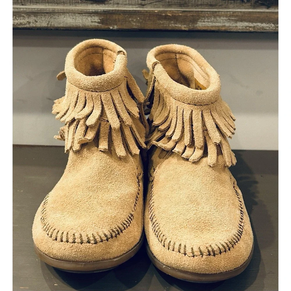 Minnetonka Brown Zip Double Fringe Ankle Bootie/Moccasin‎ Style Big Kid Size 2